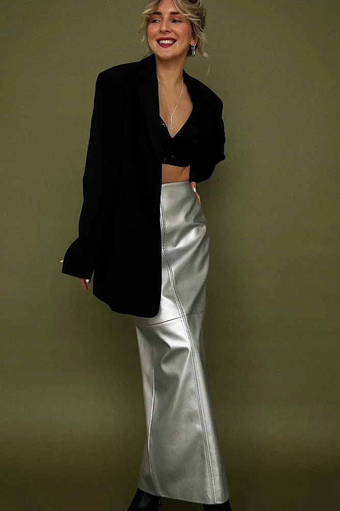 High Gloss PU Leather Bodycon Slit Skirt