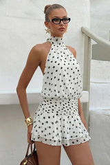 White Polka Dot Halter Backless A Line Mini Dress