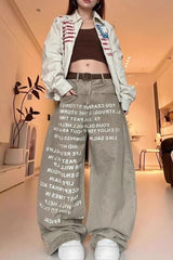 Vintage Letter Printed Curved Leg Slouchy Jeans
