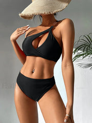 Solid One Shoulder Hollow Push Up Bikini Set
