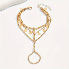 Layered Metal Disc and Chain Finger Bracelet