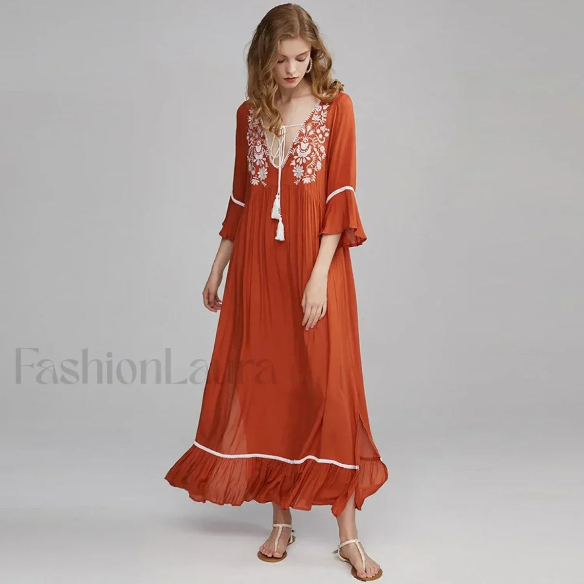 Floral Flare-Sleeve Boho Dress