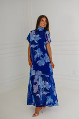 Dime Floral Organza Mockneck Maxi Dress-Navy Blue
