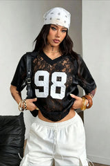 Graphic Print Lace Patchwork Loose Fit Short Sleeve Tee