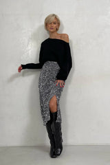 Sequin High Waist Slit Bodycon Midi Skirt