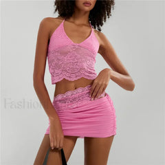 Sexy Lace Halter Backless Crop Top Mini Skirt Two Piece Set