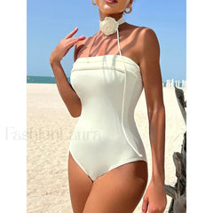 3D Floral Halter Solid One Piece