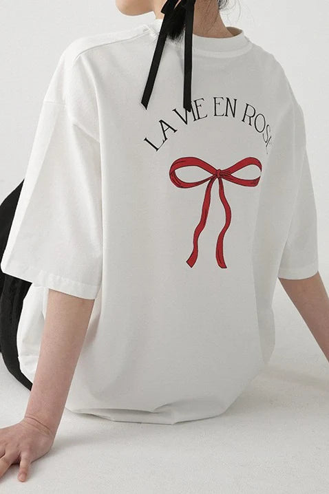 Cotton Bow Print Minimalist Short Sleeve Tee