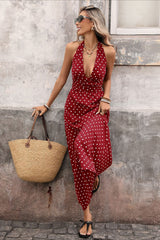 Retro Polka Dot Halter Deep V Maxi Dress