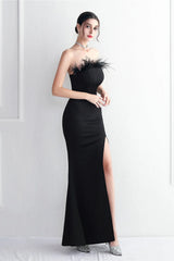 Elegant Feather Trim Strapless Formal Dress