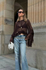 Flared Sleeve Chiffon Ruffle Detail Blouse