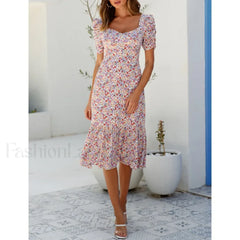 Puff-Sleeve Back-Tie Midi Dress