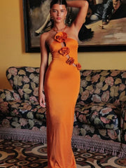Lace-up 3D Appliques Maxi Dress