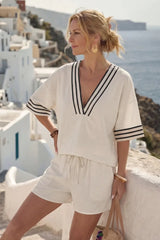 Casual Colorblock Striped V Neck Knit Shorts Set