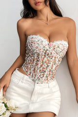 Floral Embroidery Boned Sheer Corset Tube Top