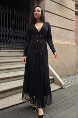 V Neck Double Breasted Knit Blazer Pleated Skirt Set