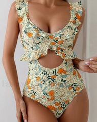 Ruffle Hollow Push Up Print One Piece