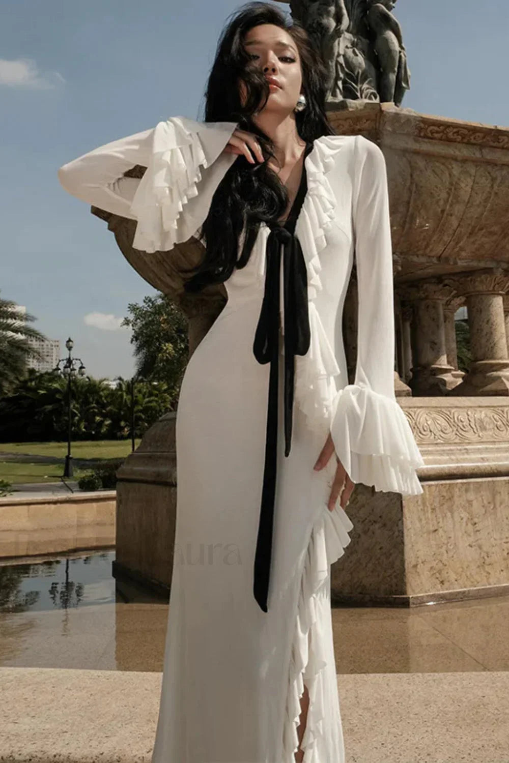 V-Neck Ruffled Split Long Sleeve Maxi Dress