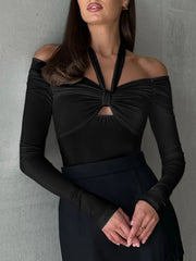 Cut Out Knotted Trendy Long Sleeve Halter Shirt