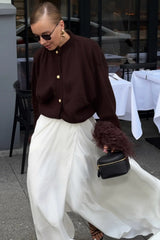Button Accented Solid Feather Paneled Sweater