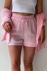 Textured Lapel Long Sleeve Top High Waist Shorts Set