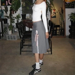 Lace Up Split Vintage Skirt