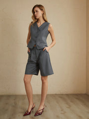 Solid Waistcoat Graceful With Shorts Set