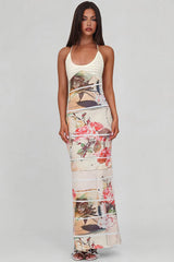 Printed Halter Patchwork Knit Slim Long Floral Dress