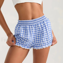 Plaid Bloomers Mid Elasticband Lace Trim Streetwear Lounge Short