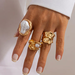 3-Piece Liquid Metal Baroque Pearl Hug Ring Set