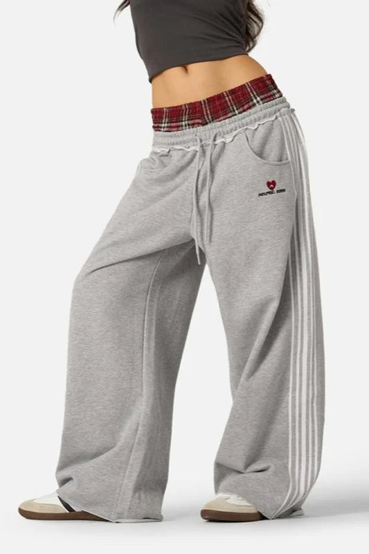 Vintage Stripe Embroidery Relaxed Double Waist Pants