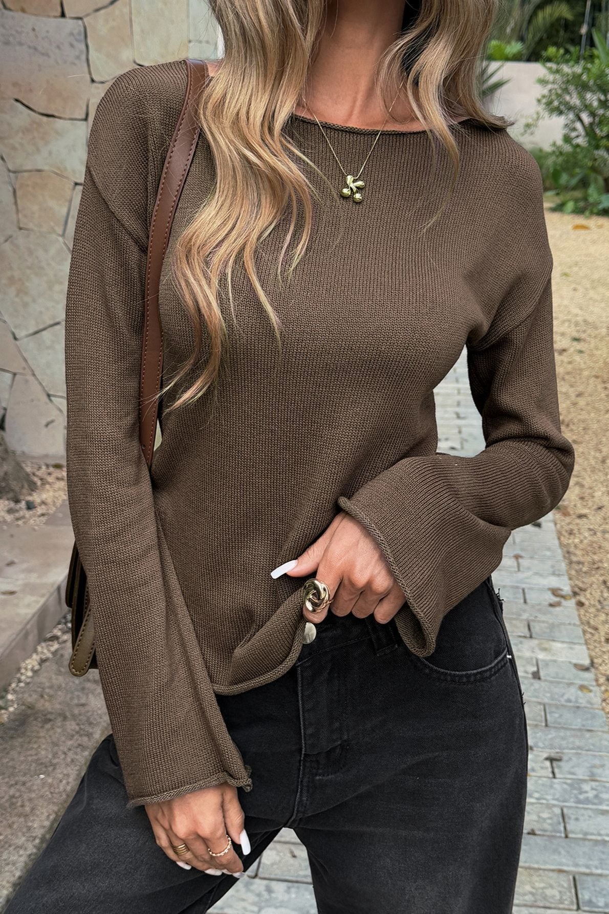 Brown Knit Boat Neck Flare Sleeve Tee