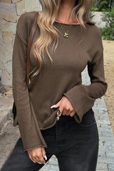 Brown Knit Boat Neck Flare Sleeve Tee