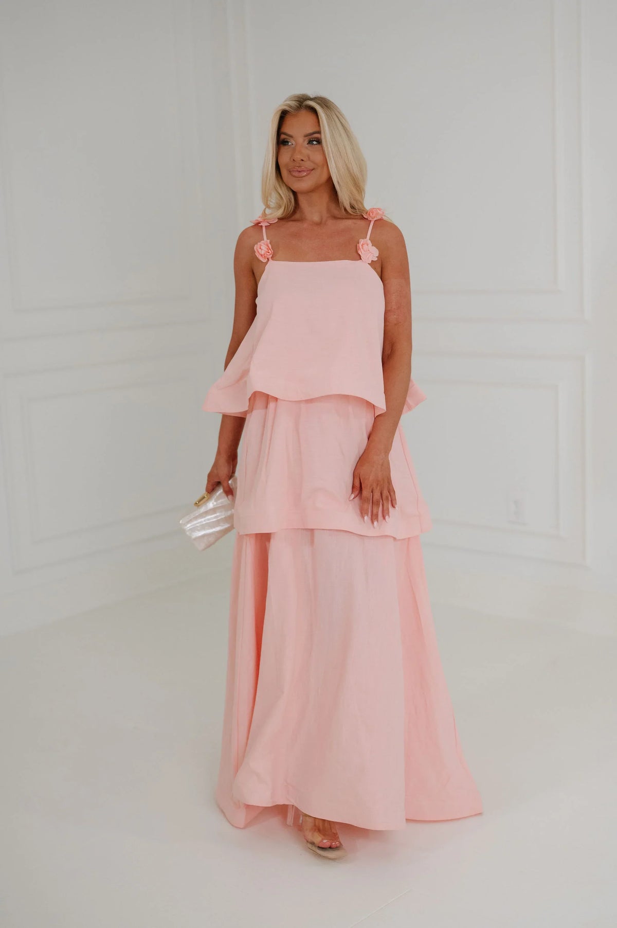 Lanie Tiered Midi Dress-Pink