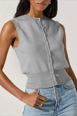 Round Neck Button Front Knit Top