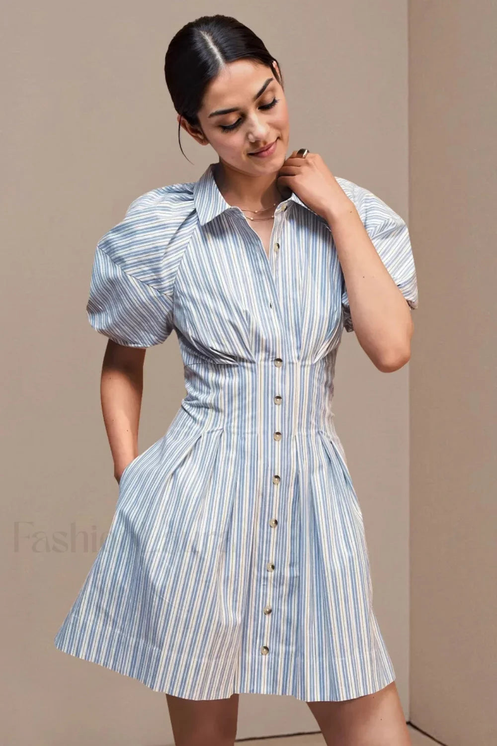 Collared Striped Shirt Button-Front Work Skirt