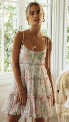 Square Collar Suspender Floral Dress