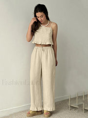Cotton Strap Pajama Pants Two Piece Set
