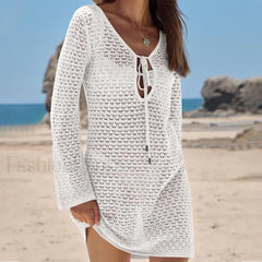 Boho Knit Solid Tie-Up Hollow-Out Cover Up