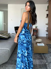 Blue Lace-Up Maxi Floral Dress