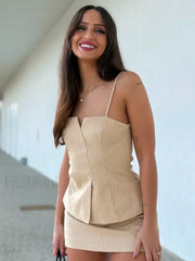 Pleated Stripe Side Zipper Sling Top Culottes Two Piece Set
