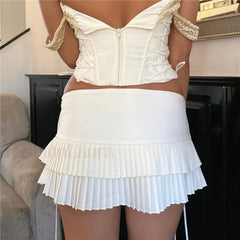 Tie-Up Pleated White Mini Skirt