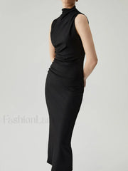Mock Neck Sleeveless Trendy Split Ruched Long Dress