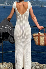 White V Neck Hollow Out Knitted Maxi Dress