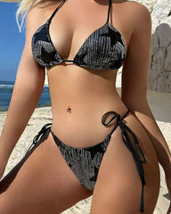 Solid Tied Halter Push Up High Cut Bikini Set
