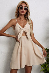 Cotton Linen Bow Strap Casual Strappy Mini Dress