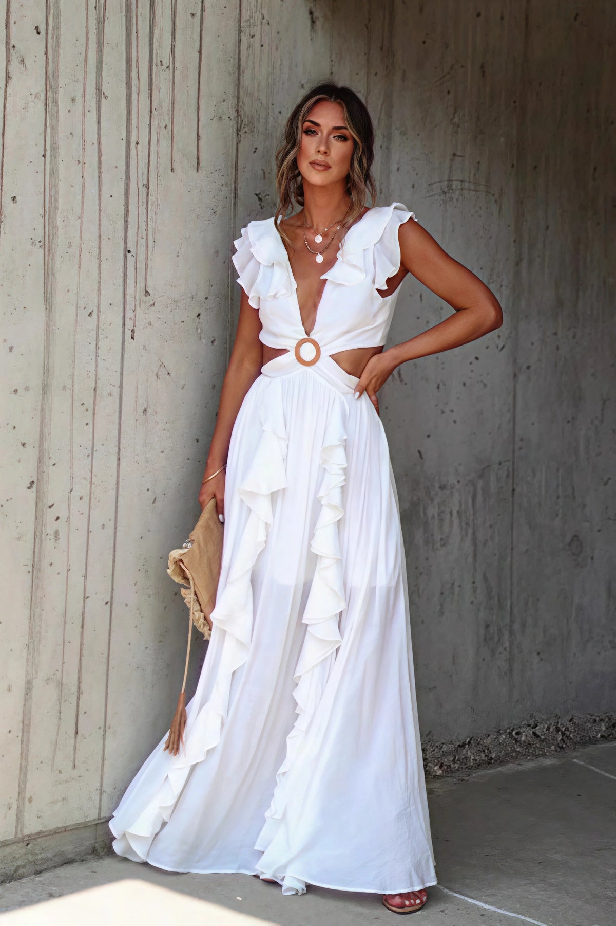 V Neck Ruffle Slit Flowy Maxi Boho Dress