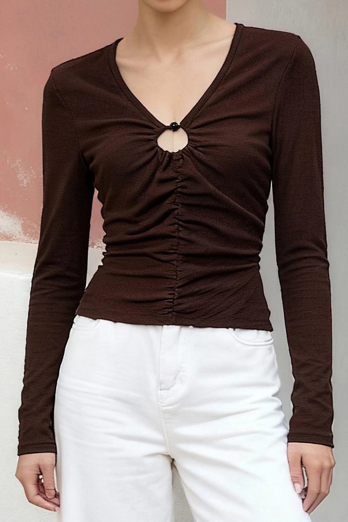 Brown V Neck Button Detail Slim Fit Knit Long Sleeve Tee