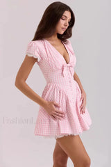 Deep V-Neck Backless Pleated Printed A-Line Mini Dress