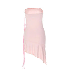 Adorable Solid Color Ribbon trim Ruffle Hem Strapless Mini Dress - Pink